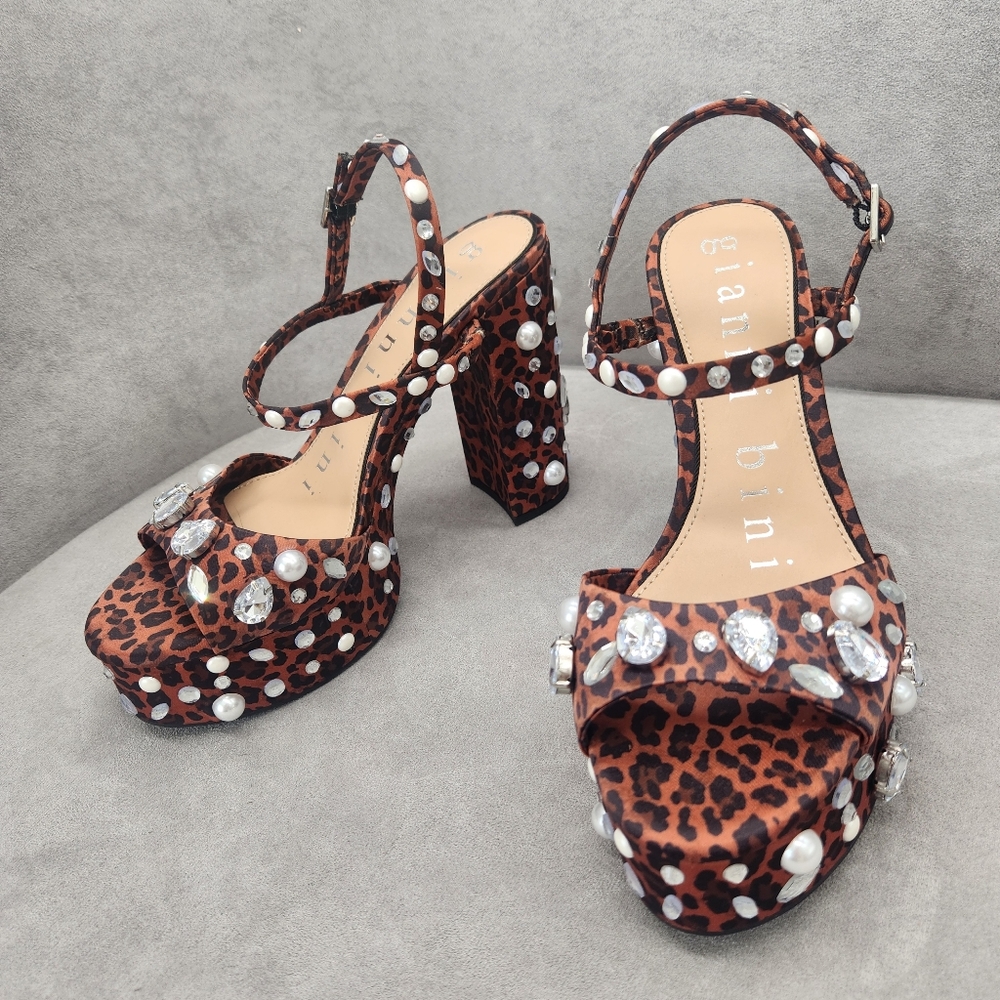 Gianni Bini Platform Sandals 8 Brown Leopard Satin Calvan Two Jeweled New $150 - Picture 3 of 17